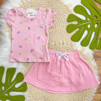 Conj. Blusa Listrada Sorvetinhos e Short Saia - Rosa